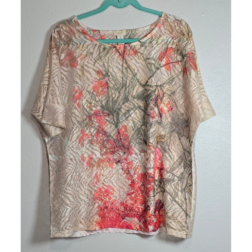 Chicos Women Size 3 Large XL Floral Chevron Print Short Sleeve Knit Top Tan Red